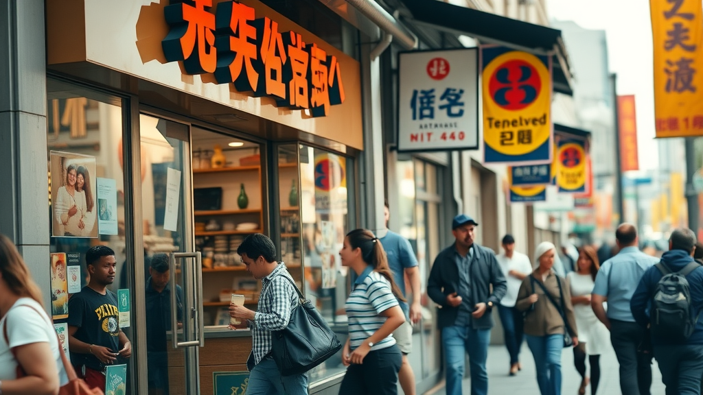 Vibrant local business storefront bustling with people, local business marketing tips in action, colorful main street scene
