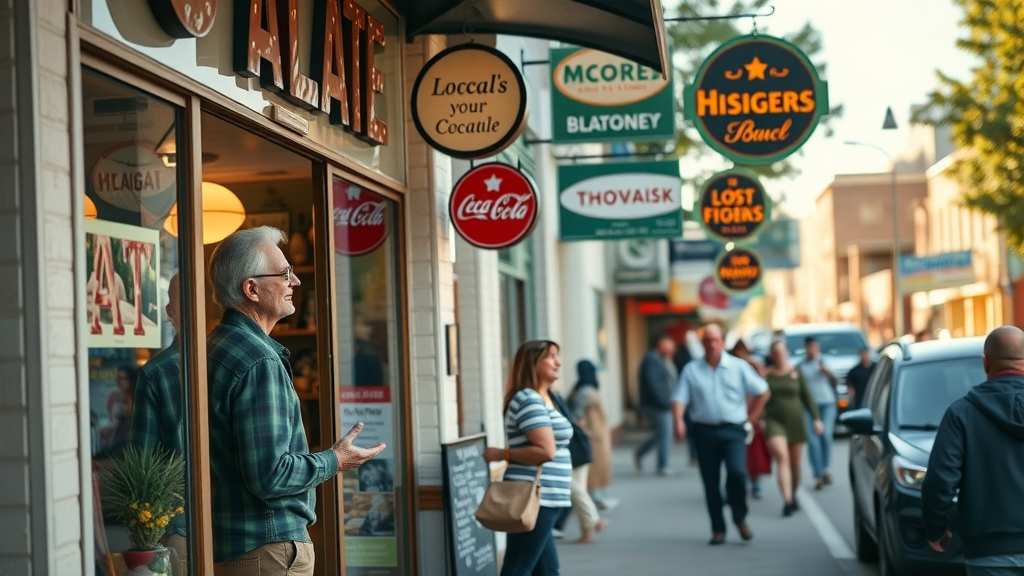 local business storefront with welcoming atmosphere, customers entering, bustling local market, vibrant colors