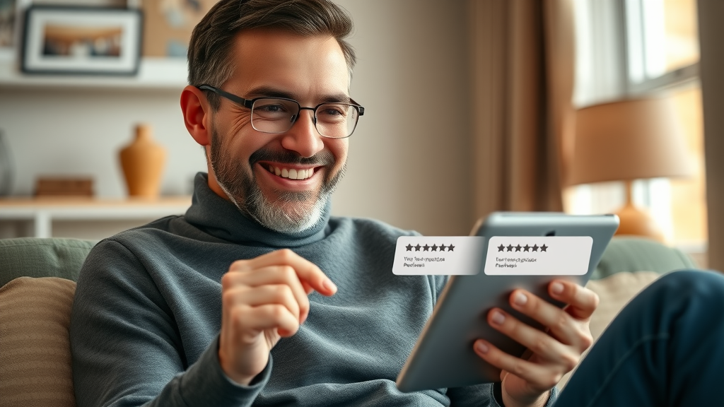Satisfied customer leaving positive feedback through a tablet, digital loyalty stars - customer loyalty and satisfaction