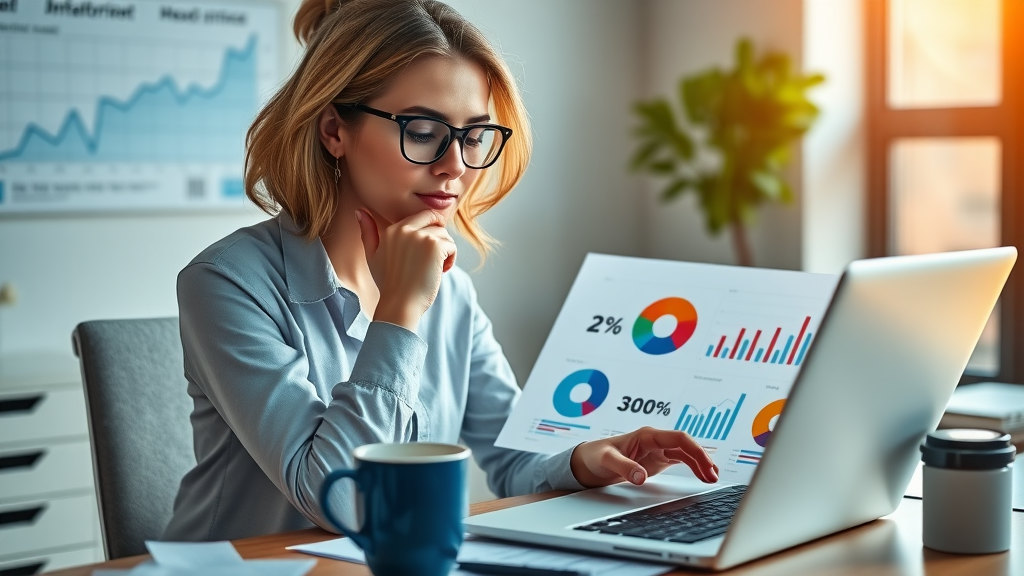 Business owner analyzing social media analytics charts to optimize marketing strategy and improve media presence