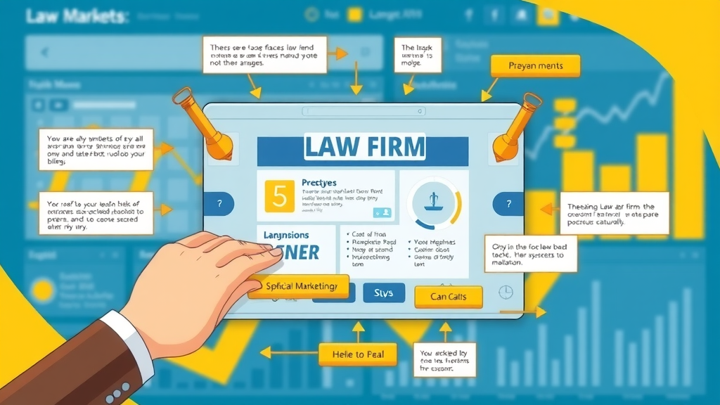 detailed schematic law firm PPC ad, clear graphic UI layout, highlighting headlines, CTA buttons and extensions, 2D Cartoon, abstract digital marketing dashboard background, highly detailed, arrows and highlighted elements, blue and yellow palette, studio soft light, shot with a 24mm lens
