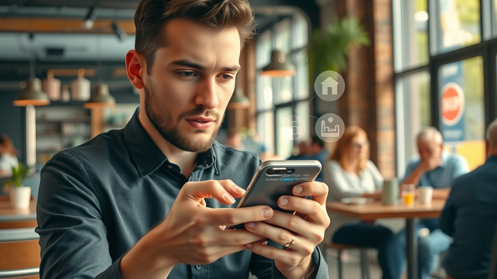 smartphone user performing local search for local seo strategies at an urban coffee shop background