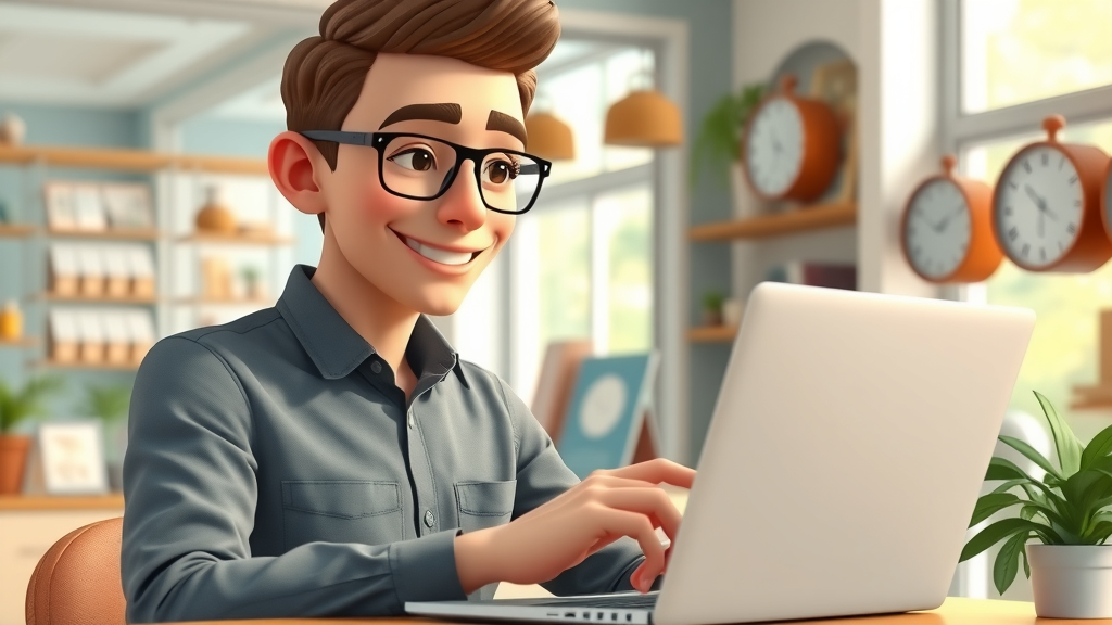 small business employee scheduling social media posts on laptop in local shop setting, digital calendar with animated clocks