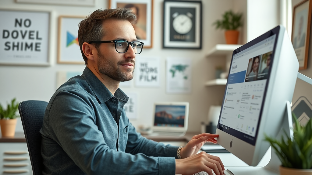focused business owner optimizing Google Business Profile dashboard for local search ranking factors