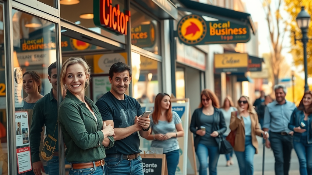 dynamic local business storefront with confident business owners engaging customers for a strong online local presence
