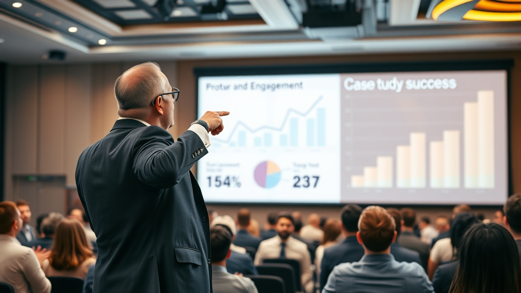 Business leader presenting case study results from targeted content creation strategy