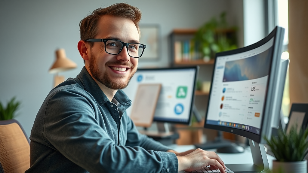 Entrepreneur replying to client reviews, vibrant workspace, Google review management