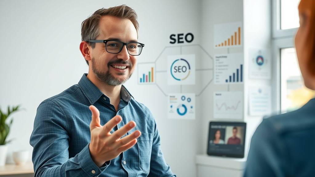 Professional consultant explaining SEO strategy to client using simple visual aids for SEO client growth