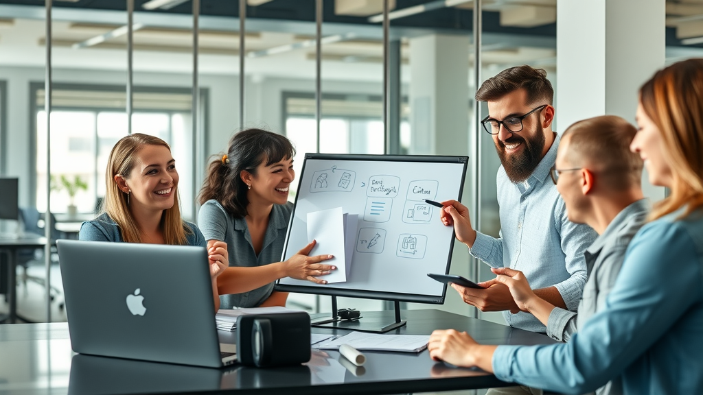 dynamic digital marketers collaborating with content marketing tools in a modern office
