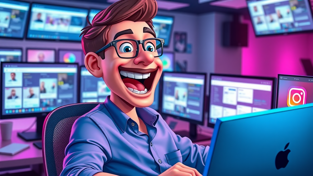 Social media manager managing simultaneous lead campaigns on LinkedIn, Facebook, and Instagram in a vibrant workspace. {social media}, {lead generation online}