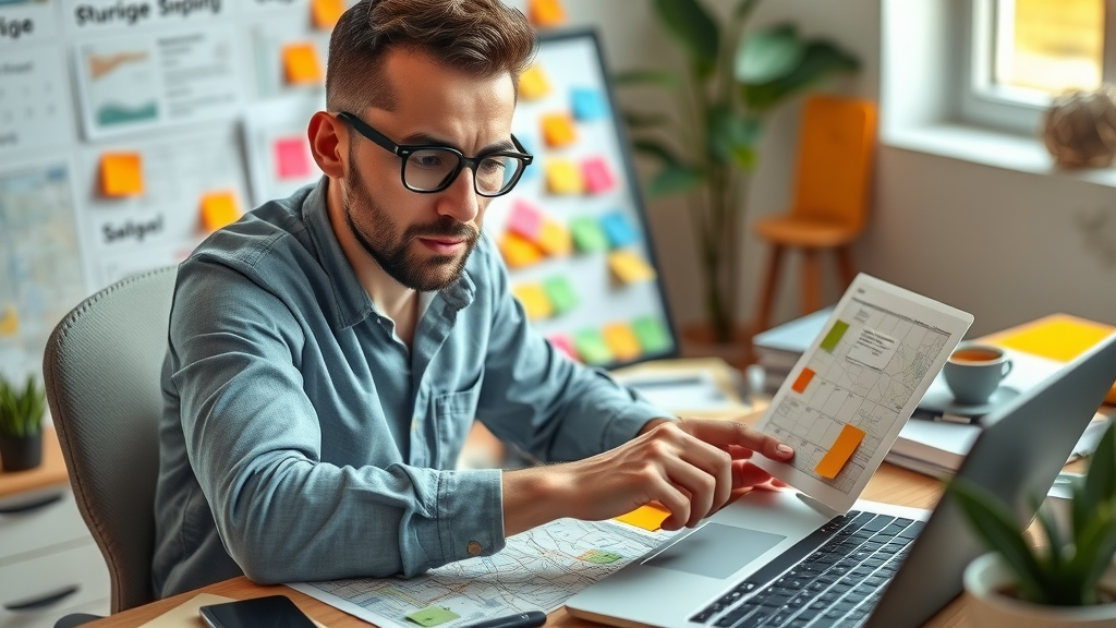 organized workspace with a business owner mapping out local SEO strategy, pinning notes, digital tools, mapping local SEO steps, optimizing for local ranking
