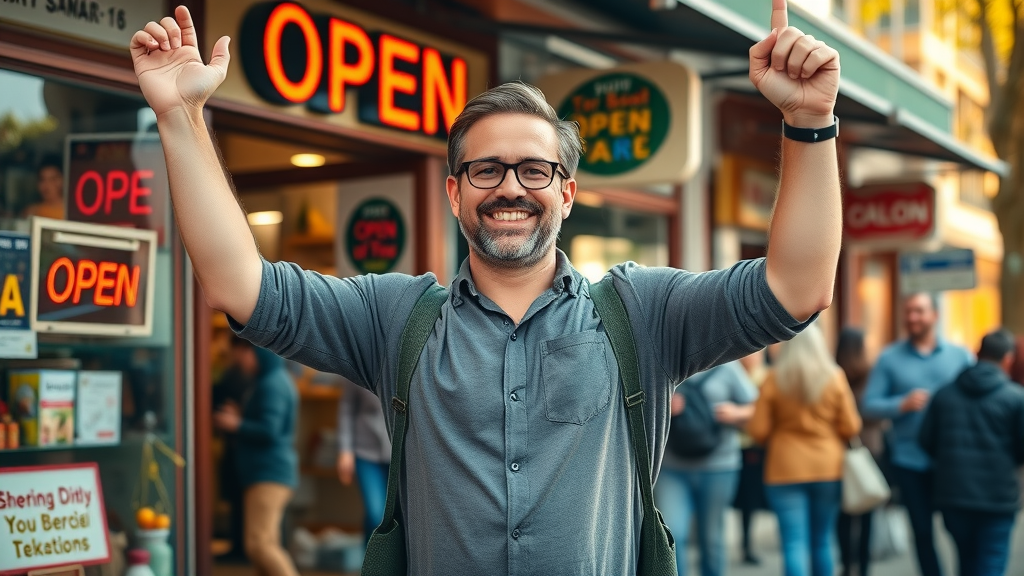 successful business owner in front of local store local seo strategies busy street scene