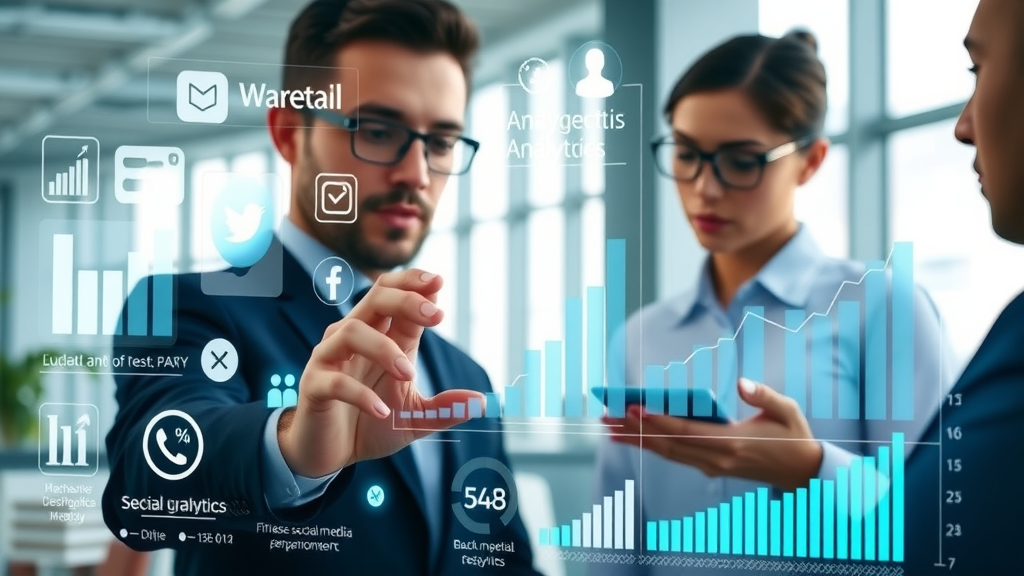 Dynamic digital infographic of social media marketing stats; striking social media app icons and data points, modern analytic growth, photorealistic, modern office, professional marketers analyzing charts, crisp blues and whites, Canon EF 35mm f/1.4L II USM lens.