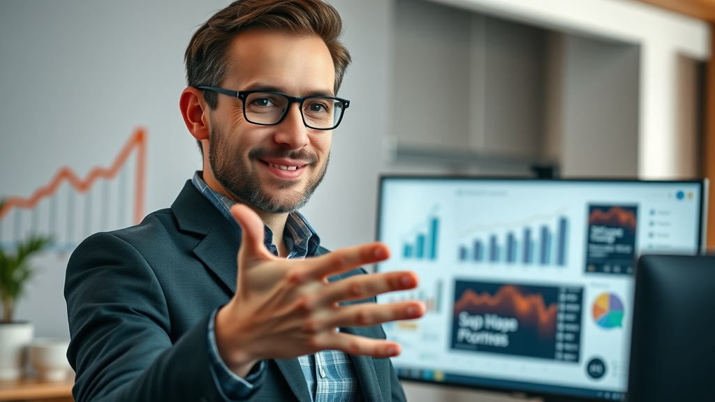 Professional marketer presenting social media marketing strategy on a digital screen, modern workspace, digital charts, social media icons, Sony FE 24-70mm f/2.8 lens.