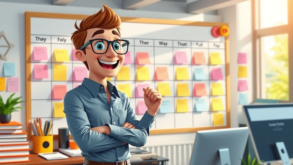 Organized marketer arranging sticky notes on a large content calendar, creative workspace, digital displays, colorful office supplies, vibrant style, morning sunlight, 2D cartoon, virtual 35mm wide-angle lens.