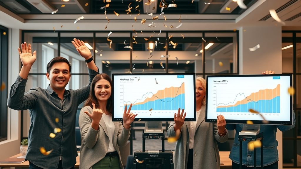 Brand team celebrating social media marketing success, digital charts, stylish office, photorealistic, confetti in motion, Canon RF 85mm f/1.2L lens.