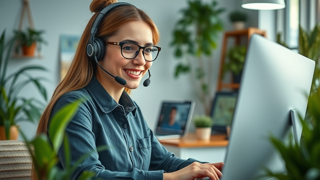 Friendly support agent responding to customer messages on a computer, cozy customer service hub, plants and tech, chat bubbles, photorealistic, Sigma 56mm f/1.4 DC DN lens.