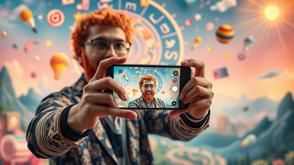 Visionary influencer recording a lively video on smartphone, high-fantasy style, social media motifs, sparkling effects, digital marketing energy, 50mm lens.