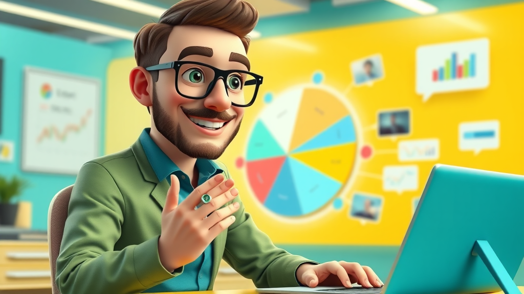 Experienced content strategist dividing content types on a digital pie chart, 3D cartoon style, high-tech floating content bubbles, content planning for social media marketing strategy