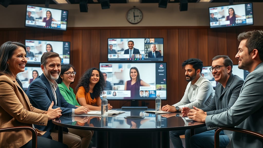 Diverse expert panel answering audience social media marketing questions, photorealistic webinar studio, live Q&A pop-ups, Canon EF 85mm f/1.8 lens.
