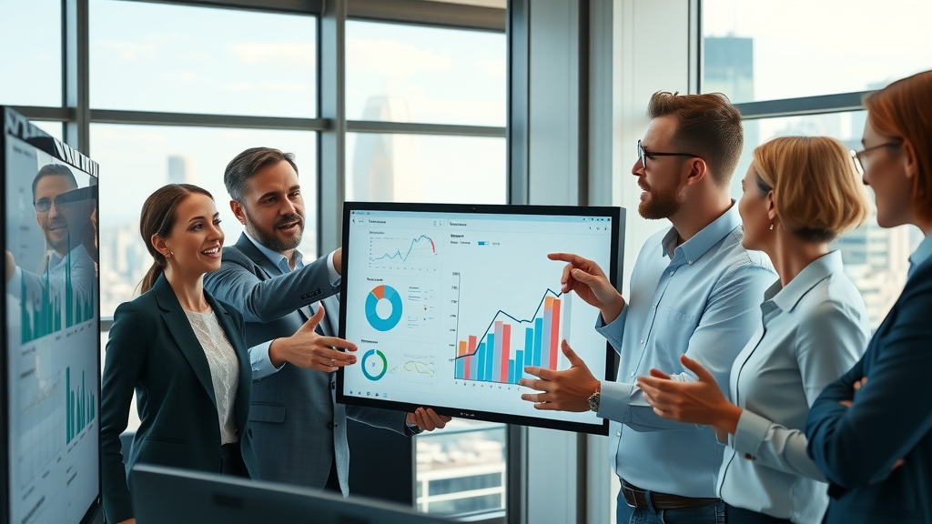 dynamic group of business professionals analyzing facebook ads and data with interactive screens in a modern office, ad campaign growth, cityscape, graph, social media strategy