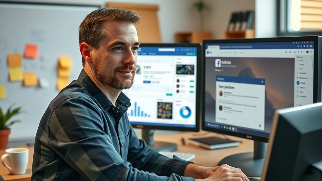 marketer reviewing facebook ad campaign objectives on dual monitors, analyzing campaign dashboard and social media ad sets, organized workspace
