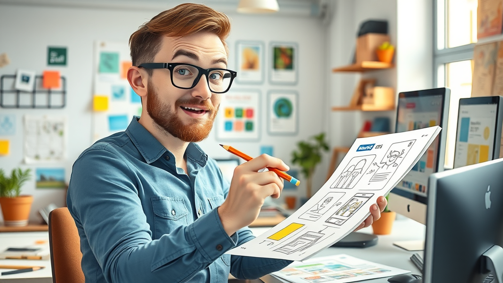 creative designer brainstorming facebook ad concepts, ad creative design with sketches, creating facebook ad for social media marketing