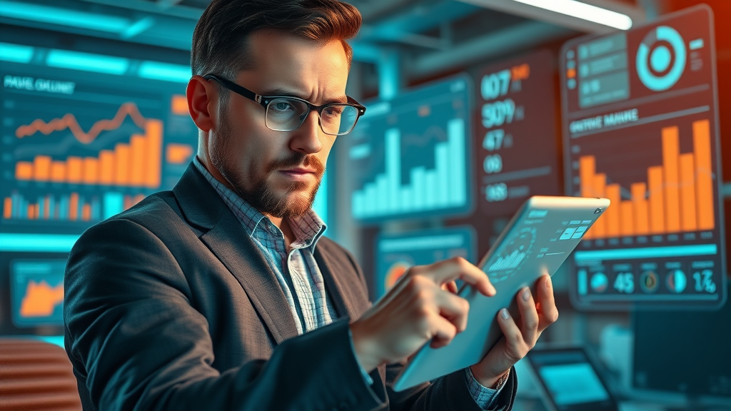 entrepreneur setting facebook ads budgets on a tablet, futuristic workspace, facebook ad budget sliders, campaign scaling, digital ad analytics