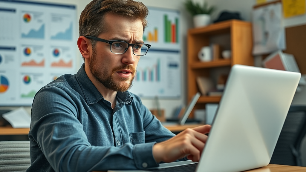 Frustrated small business owner reviewing Facebook ad analytics, concerned about facebook advertising budget, photorealistic scene