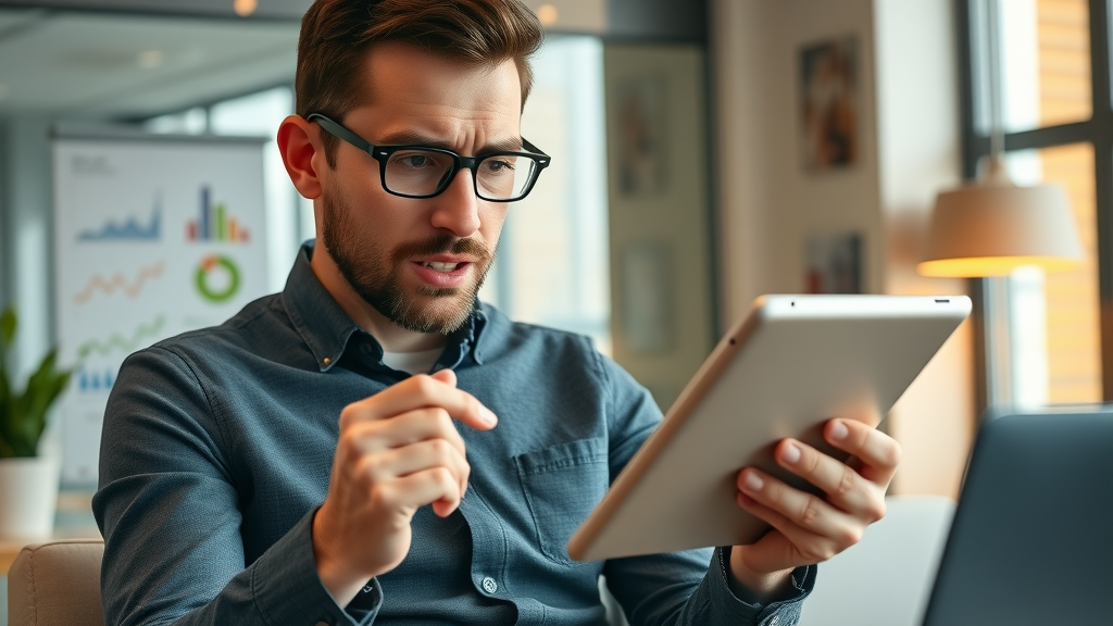 Disappointed advertiser examining a low-performing landing page for Facebook advertising, digital marketing agency backdrop