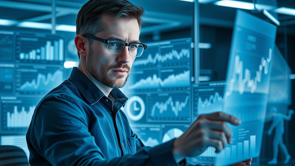 Determined data analyst reviewing Facebook ad performance reports, highly detailed metrics and analytical environment