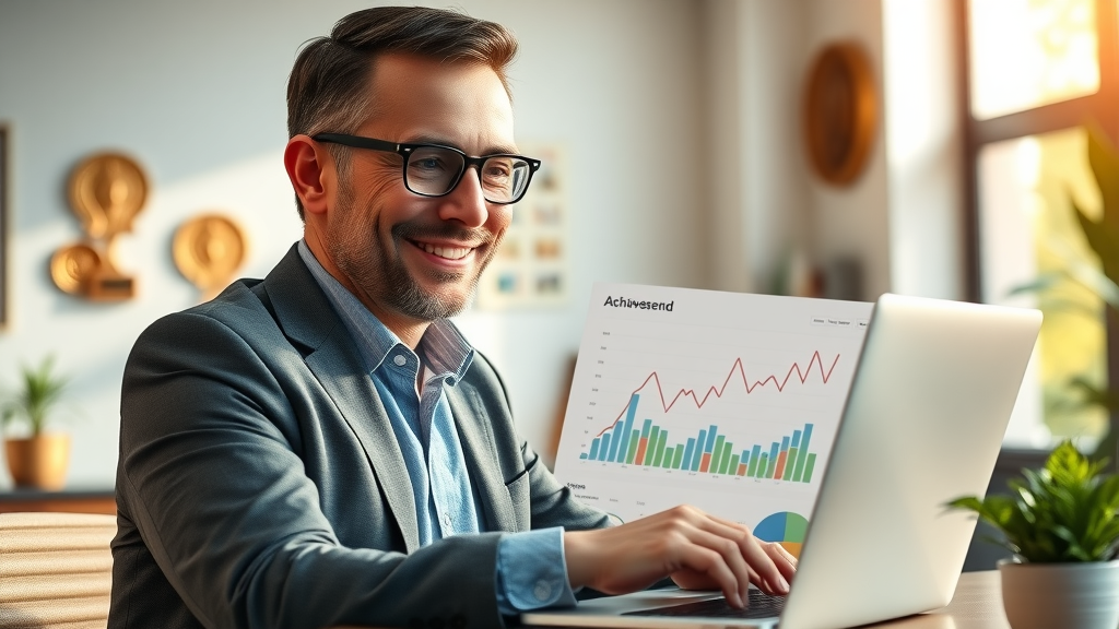 Successful business owner reviewing advertising ROI dashboard, satisfied with facebook advertising performance