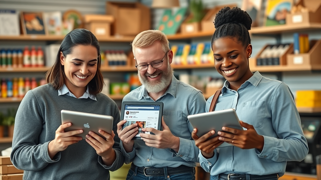 Diverse small business owners reviewing Facebook Marketplace ad results on tablets, positive atmosphere