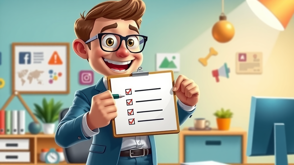 Energetic marketing manager checking Facebook ad campaign checklist, bright workspace, cartoon style