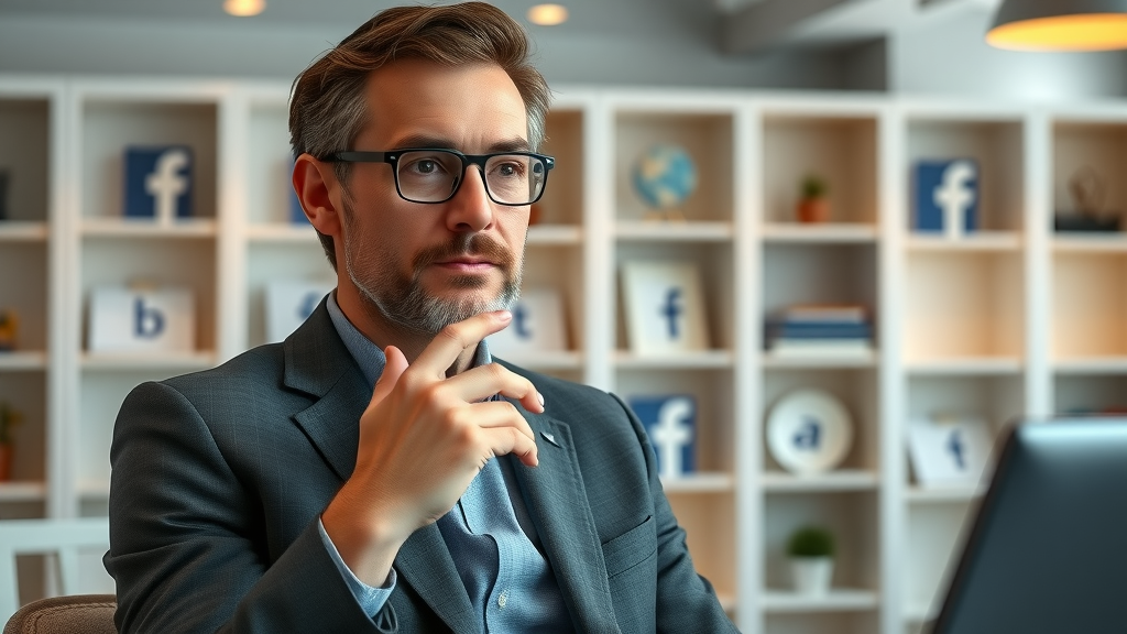 Confident social media expert giving interview about facebook advertising inside agency office