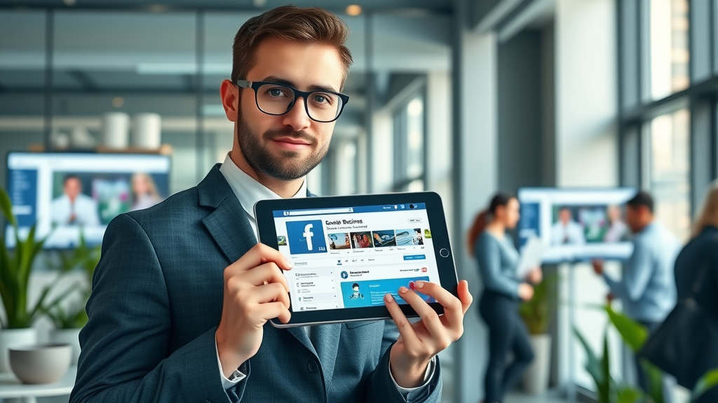 modern professional business owner holding digital tablet displaying Facebook Business Page in a sleek office with social media stats on digital screens, Facebook Business Page