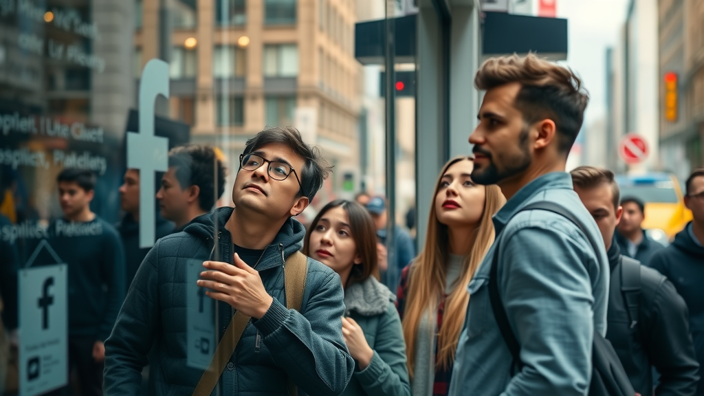 diverse customers looking through digital storefront window with Facebook logo and social media icons, representing Facebook Business Page audience reach