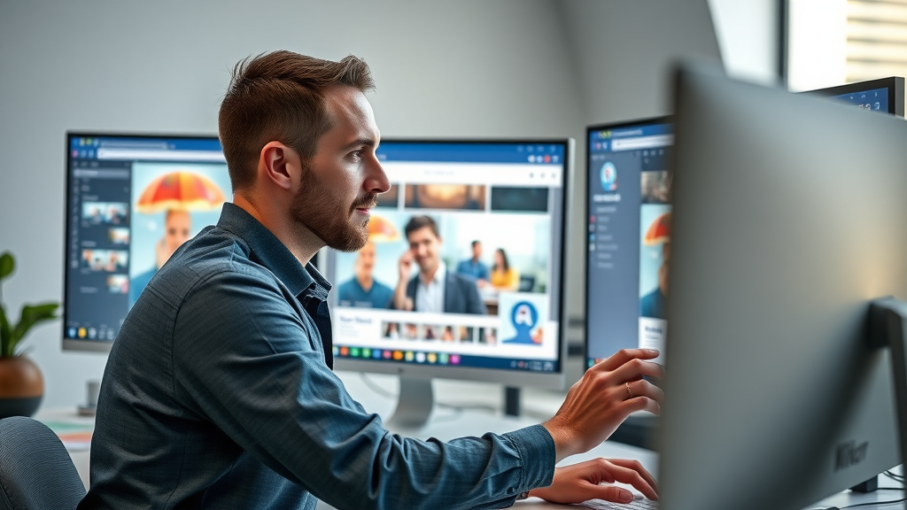 creative marketer designing a Facebook cover photo and profile image on computer to optimize Facebook Business Page