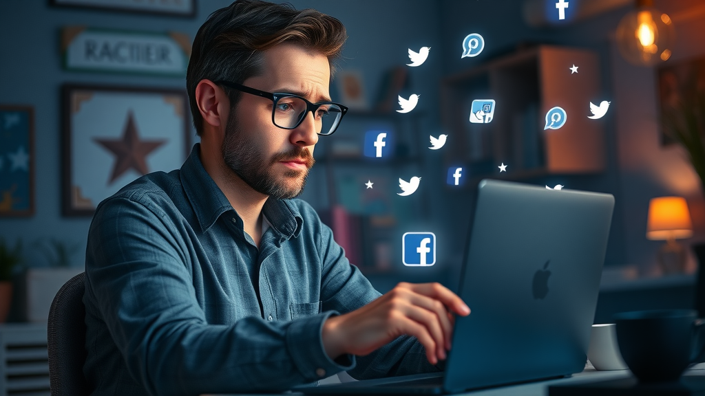 thoughtful entrepreneur reviewing Facebook Page settings and avoiding setup mistakes with mystical branding elements