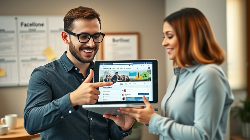 friendly digital consultant guiding business owner through Facebook Business Page creation on a shared tablet in a professional setting