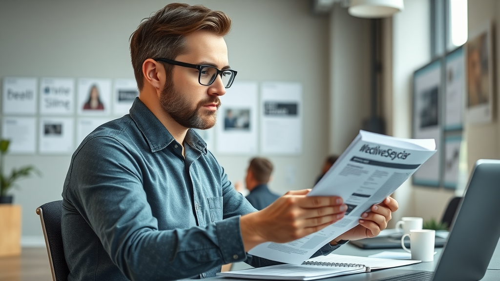 professional branding consultant reviewing brand materials for voice consistency in a modern office