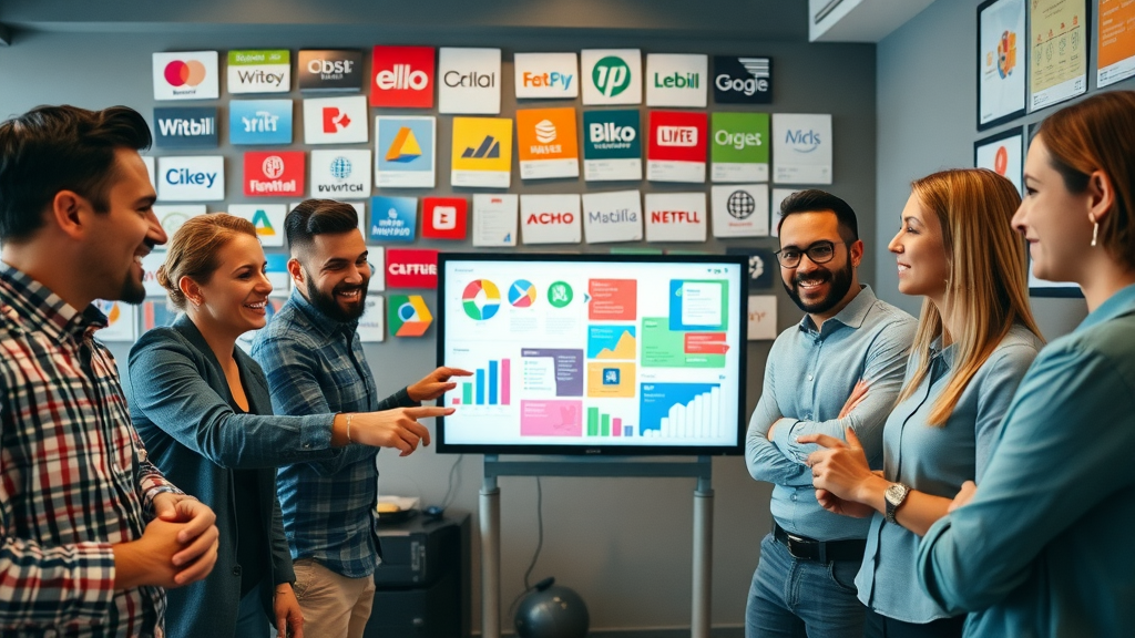 dynamic marketing team collaborating on brand voice consistency