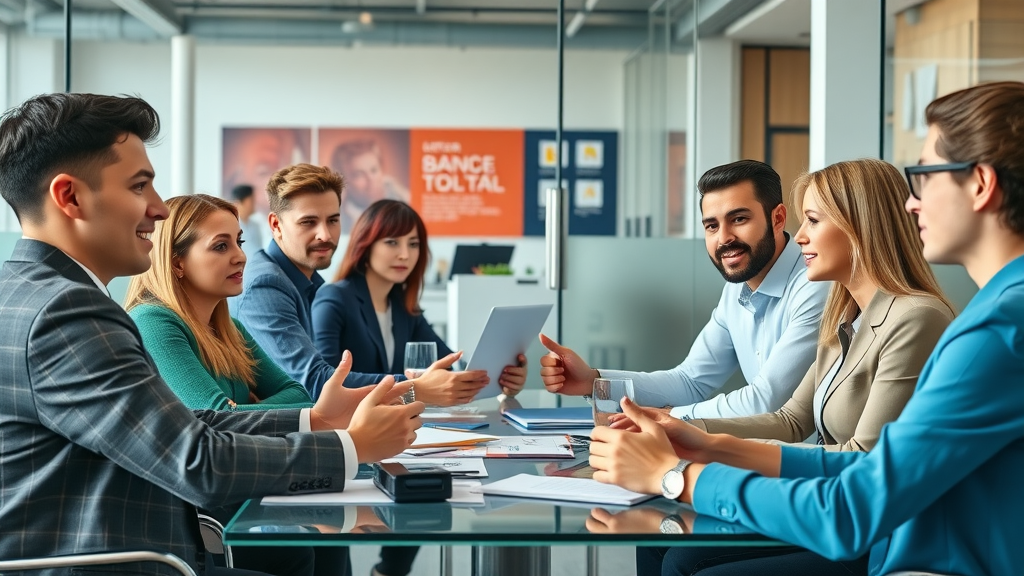 brand identity modern office discussion photorealistic vibrant professionals