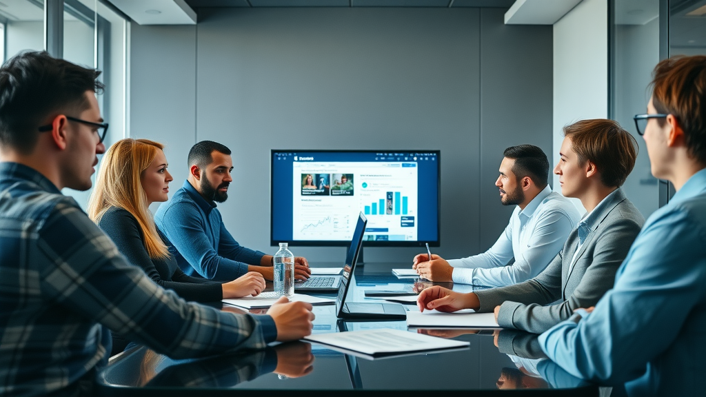 organized digital marketing team in a meeting, discussing Facebook advertising strategies, sleek conference room, digital screens, brainstorming materials