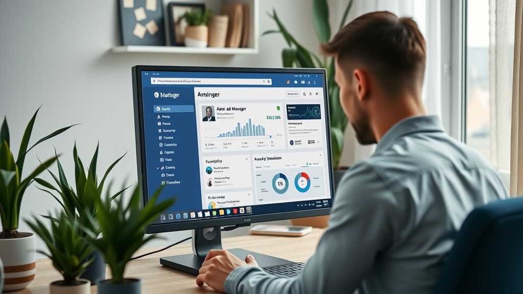 modern computer screen displaying Facebook Ads Manager dashboard, analyzing data, home office, clear UI