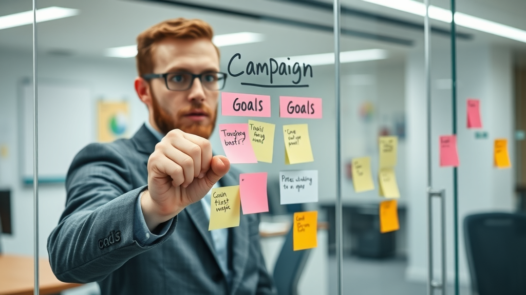 creative marketer mapping out campaign goals on glass board, office with glass panels and sticky notes, vivid colors