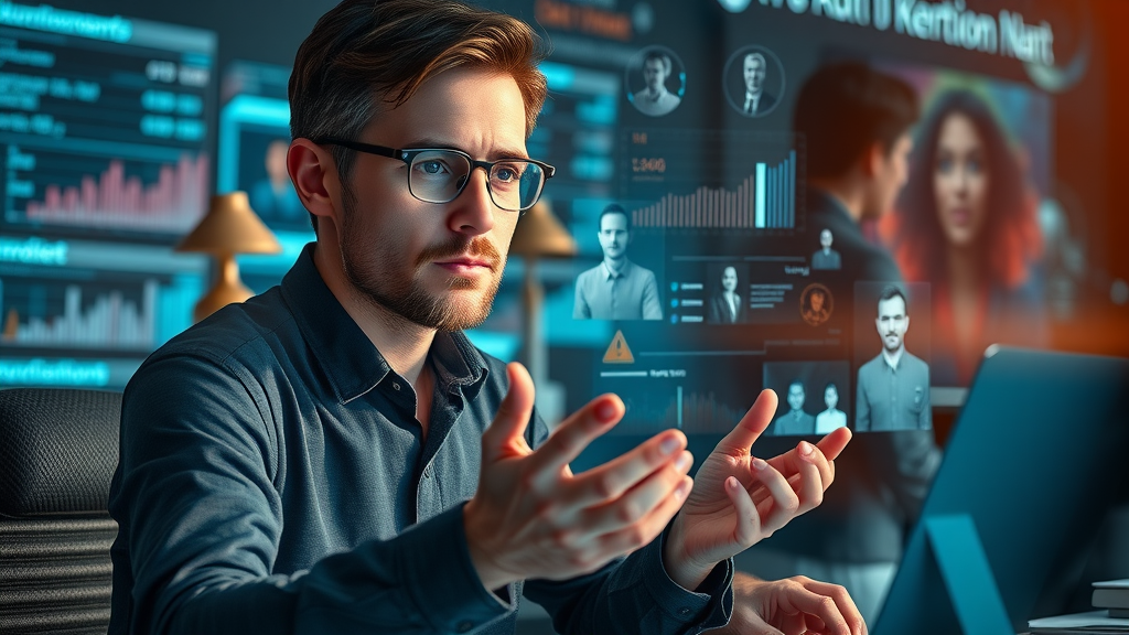 business analyst creating target audience personas, digital workspace with holographic audience profiles floating, highly detailed