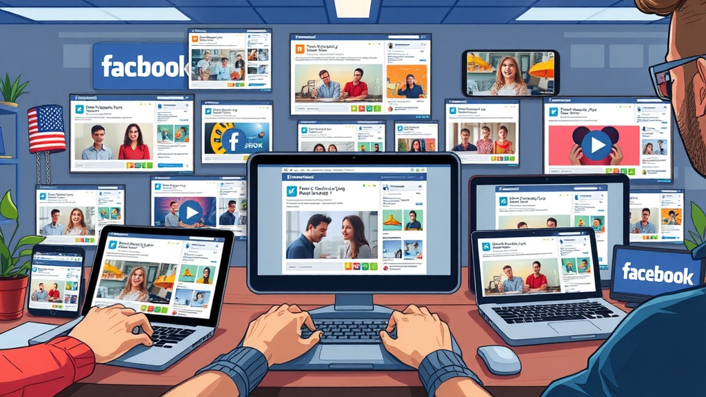 dynamic collage of Facebook ad formats, carousel, video, image, creative content, laptops and tablets showing ads