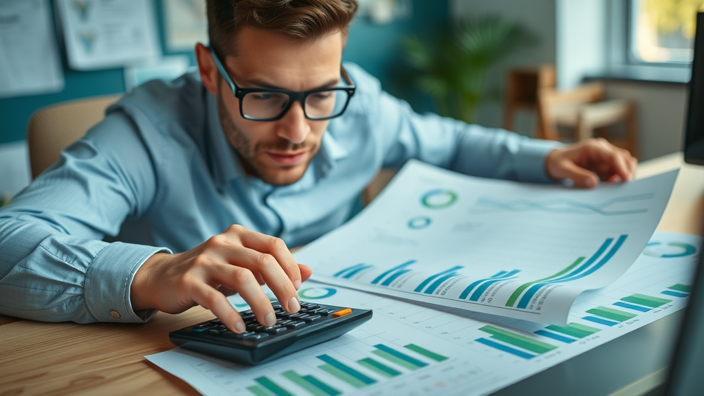 confident advertiser reviewing spending charts, calculating Facebook ad budget allocation, colorful budget charts, calculator