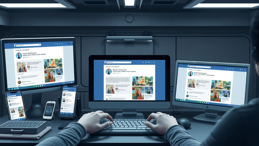 Facebook interface mockup showing different ad placements, various screens displaying mobile and desktop feeds, digital workspace with tech gadgets